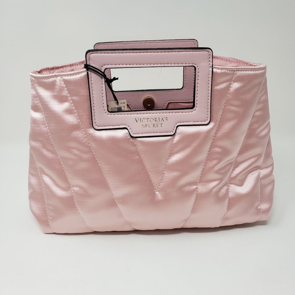 Victoria's Secret V Logo Party Satin Clutch Pink Quilt Lightweight